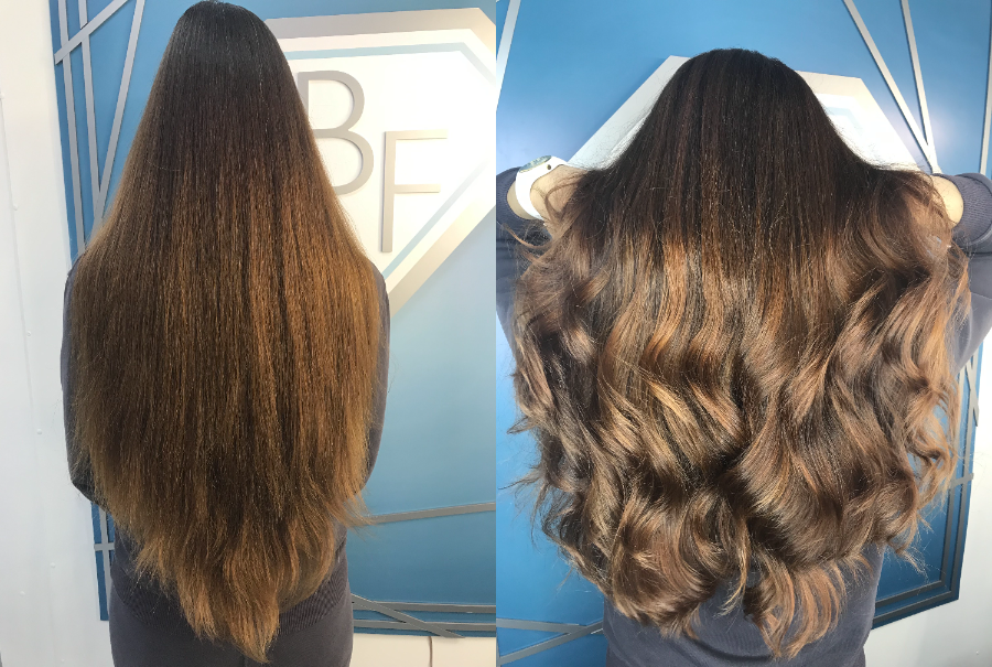 Avant / après brushing lissé et boucles brunes — réalisation Iris Azur