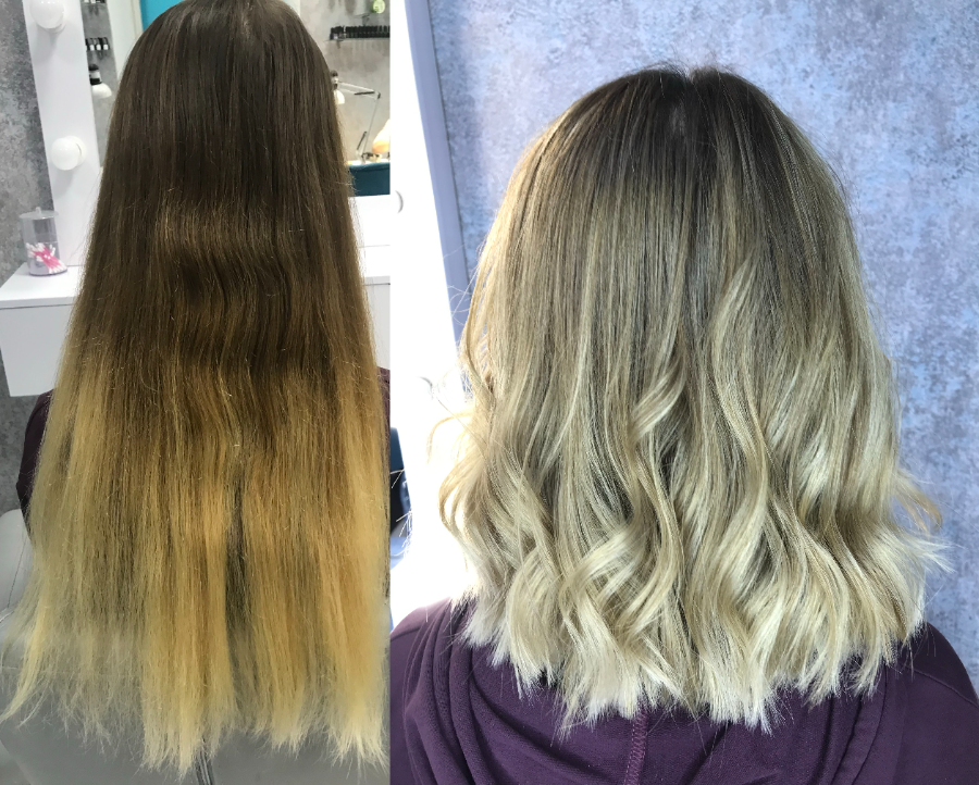 Avant / après blond froid balayage, vue de dos — réalisation Iris Azur