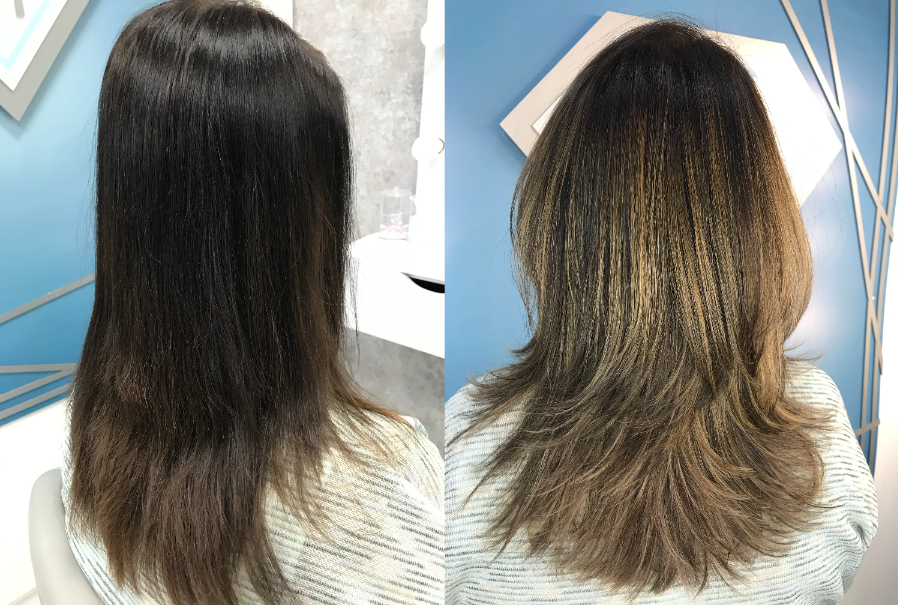 Avant / après balayage brun-caramel dégradé, vue de dos — réalisation Iris Azur